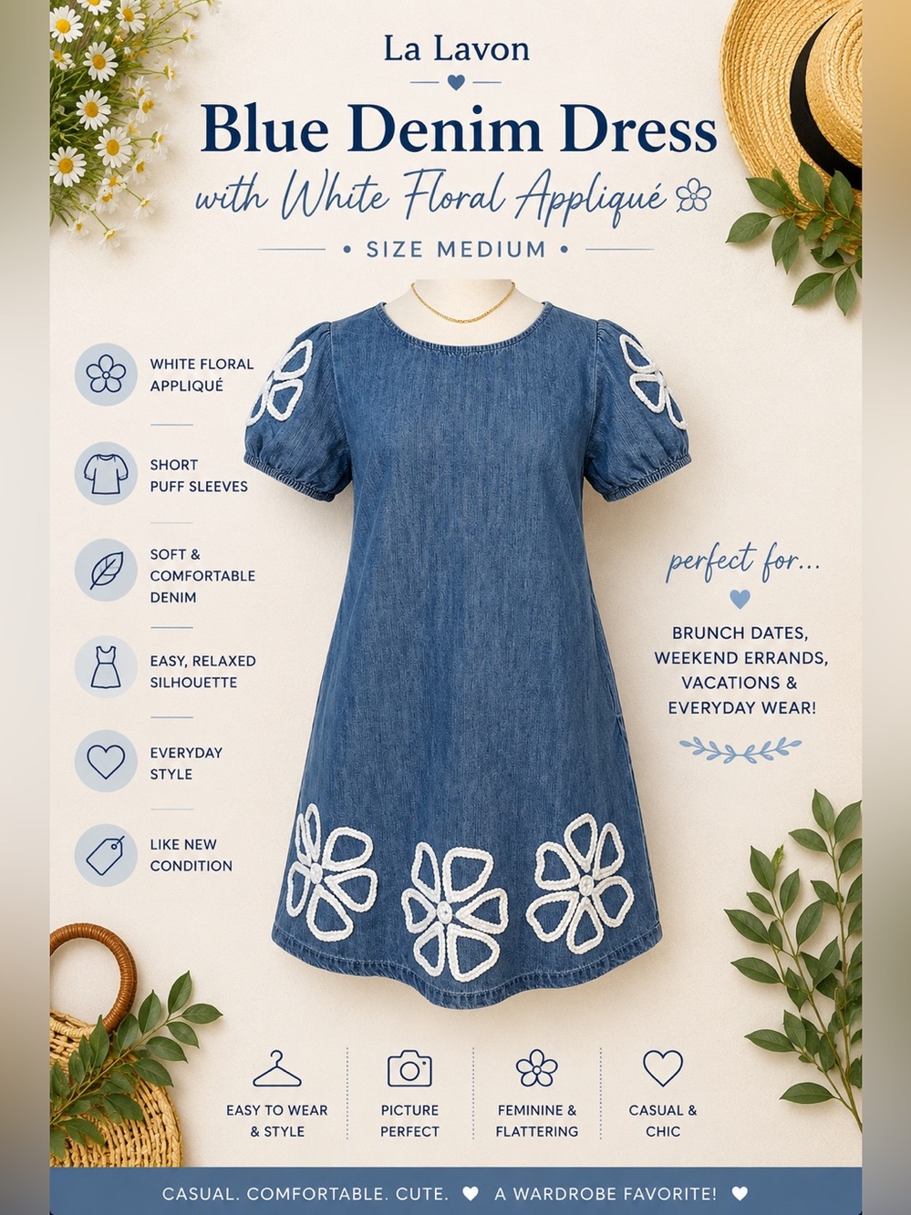 La Lavon Denim Floral Appliqué Puff Sleeve Mini Dress Blue M